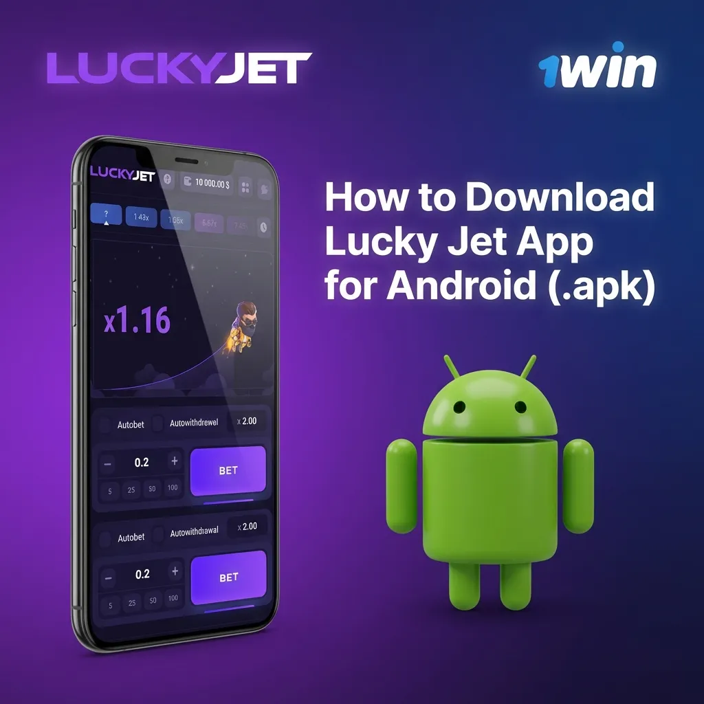 Step-by-step guide showing how to download and install the Lucky Jet Android APK file from 1win mobile app page