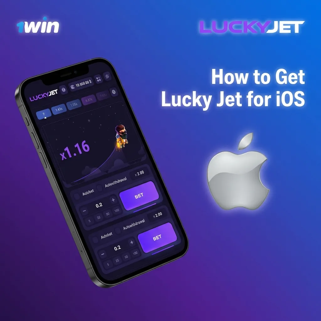 Step-by-step guide showing how to install Lucky Jet game on iOS using 1win web app and Safari's Add to Home Screen feature.